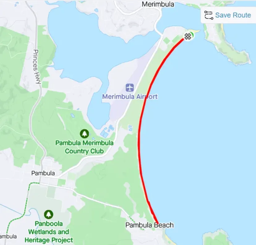 Route map of the beach run between Merimbula and Pambula