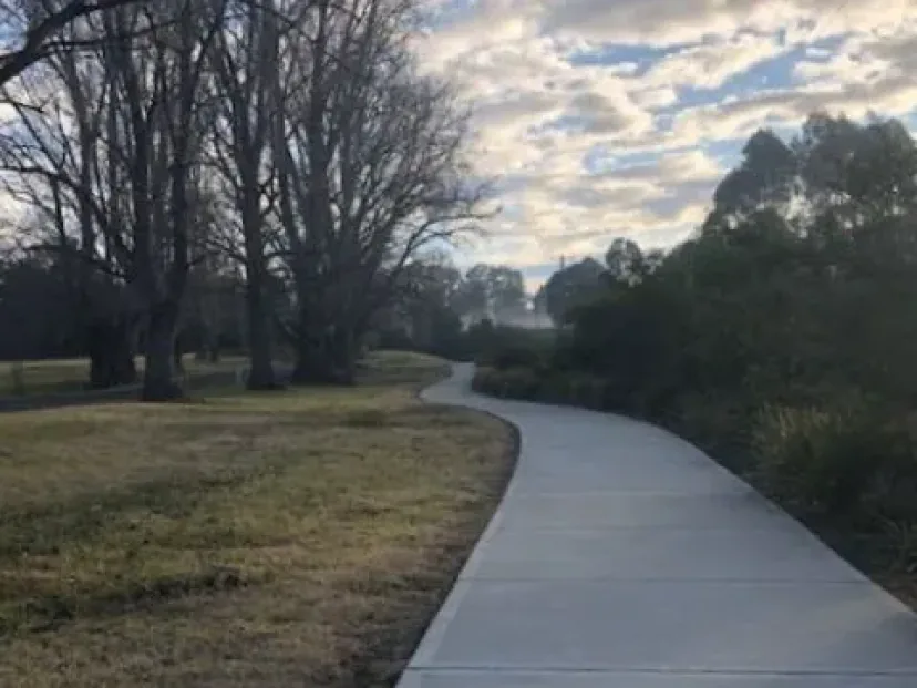Sealed shared path curving through parkland at Bega