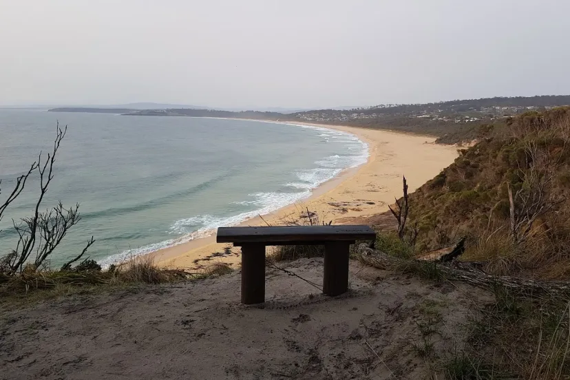 Bench on the headland looking along the beach at Tura Head