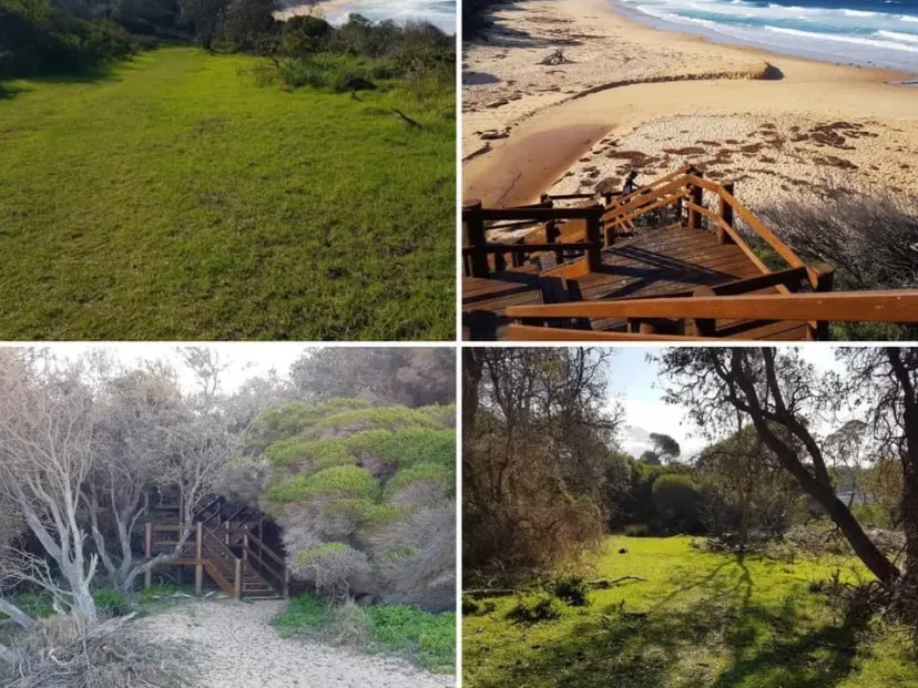 Four views of the Tura to Bournda route, including the beach and steps