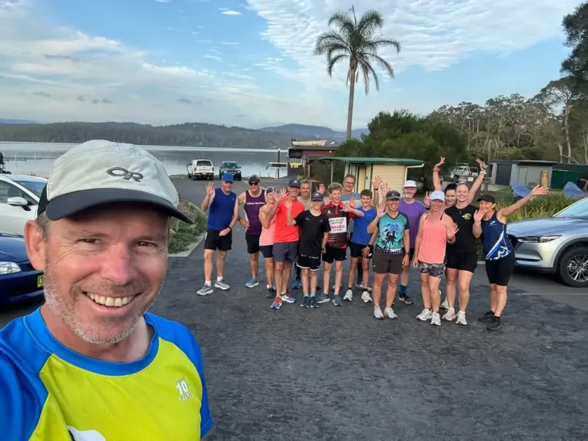 Selfie with Sapphire Coast Runners members running behind