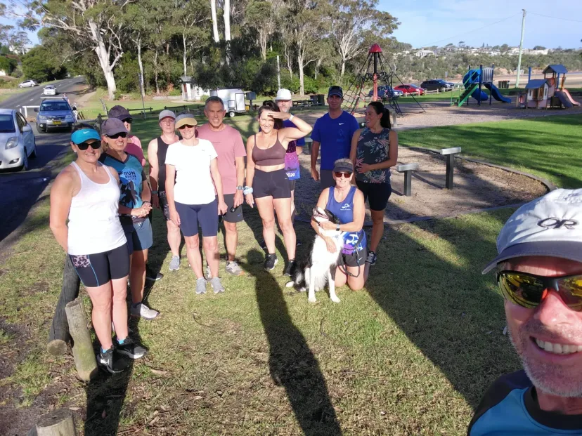 Club members and their dogs before a run