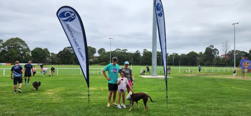 Club flags set up for a Sapphire Coast Runners session